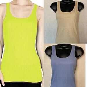 3x ACTIVE BASIC Scoop Neck Racerback Rib Tank Top Women Neon Green Blue Brown M